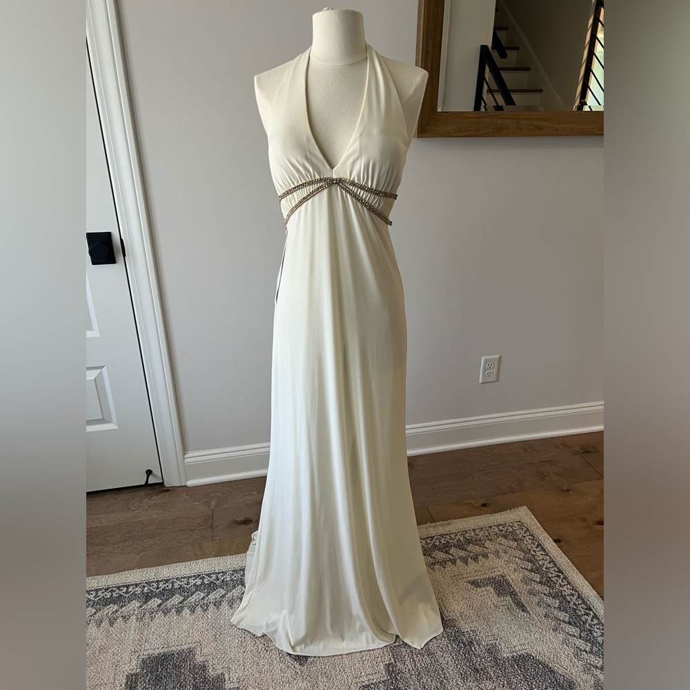 White halter formal gown with tie back